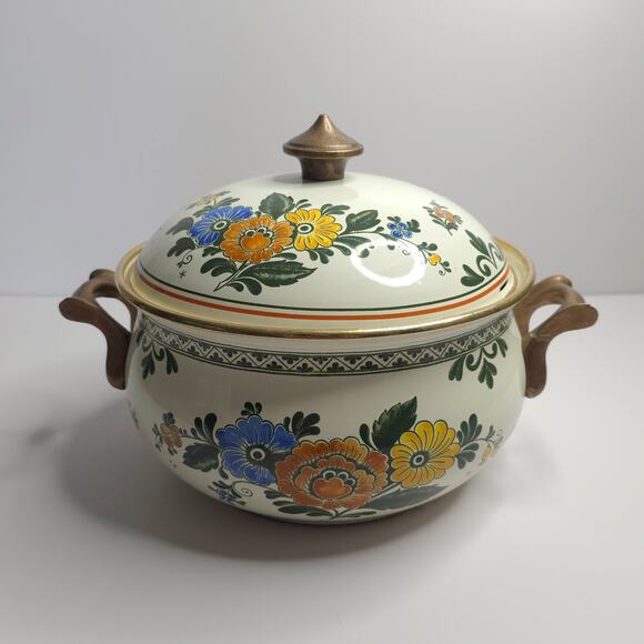 Vintage Asta Enamelware Soup Pot 8.5" Dutch Oven Handles Floral Germany - Picture 1 of 10